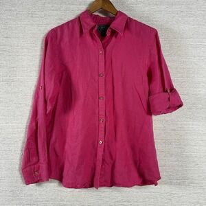 Chaps 100% Linen Long Sleeve Button Up Shirt Women Sz Med Pink Roll Tab Sleeve